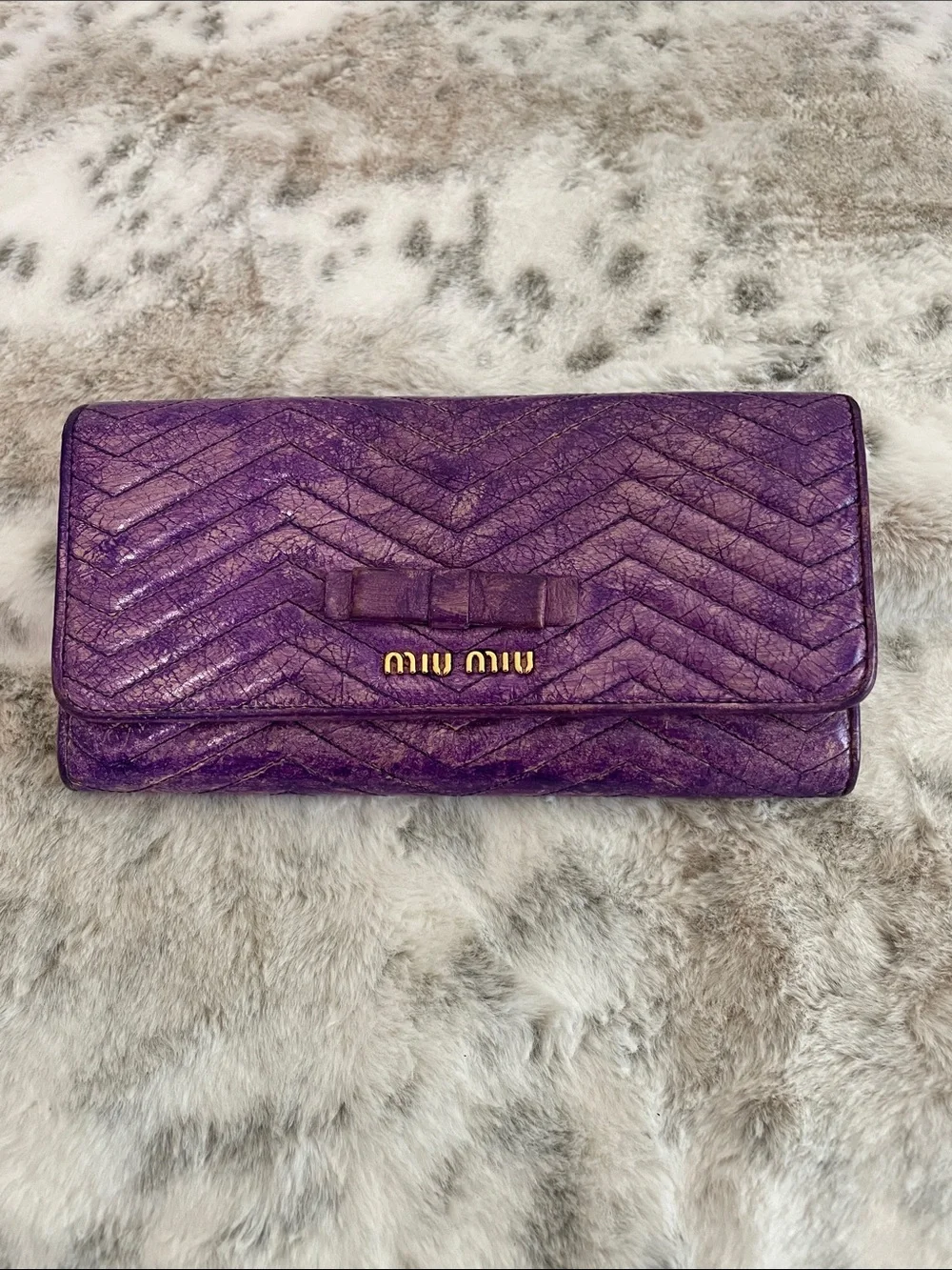 Miu Miu Violet Chevron Quilted Leather Wallet with Bow